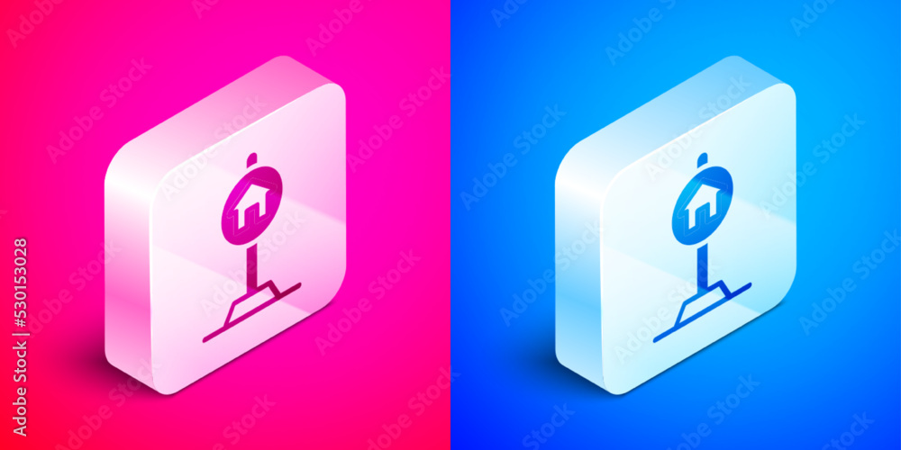 Poster isometric hotel sign for traffic icon isolated on pink and blue background. silver square button. ve