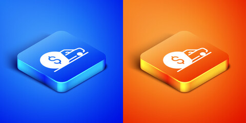 Isometric Car rental icon isolated on blue and orange background. Rent a car sign. Key with car. Concept for automobile repair service. Square button. Vector