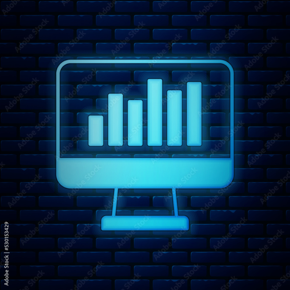 Aufkleber glowing neon computer monitor with graph chart icon isolated on brick wall background. report text f
