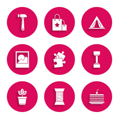 Set Piece of puzzle, Sewing thread on spool, Cake, Dumbbell, Flowers pot, Photo frames, Tourist tent and Hammer icon. Vector