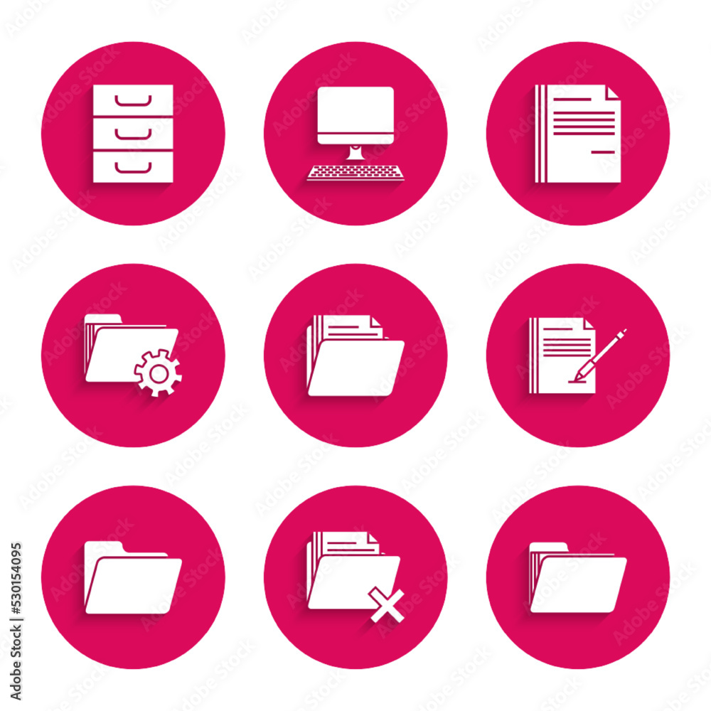 Poster set document folder, delete, blank notebook and pen, folder settings with gears, file document and d