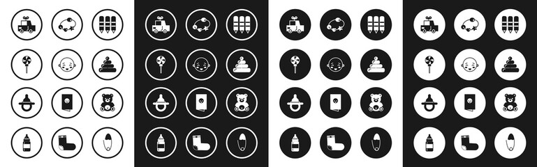Set Wax crayons for drawing, Happy little boy head, Lollipop, Toy car, Pyramid toy, Rattle baby, Teddy bear plush and Baby dummy pacifier icon. Vector