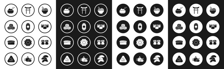 Set Asian noodles in bowl and chopsticks, Japanese paper lantern, Sushi, Rice with, Gate, Geta traditional shoes and icon. Vector