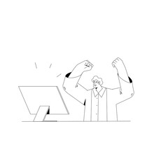 Happy employee rejoicing victory, success at computer desk.