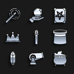 Set Magic staff, Cannon, Witch cauldron, Magician hat, stone, Crown, Ancient magic book and wand icon. Vector