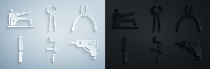 Set Hand drill, Pliers tool, Chisel for wood, Electric hot glue gun, Pincers pliers and Construction stapler icon. Vector