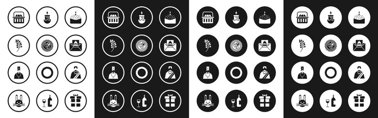 Set Easter cake and candle, egg in wicker nest, Willow leaf, Basket with easter eggs, Greeting card Happy, Burning, Jesus Christ and Priest icon. Vector
