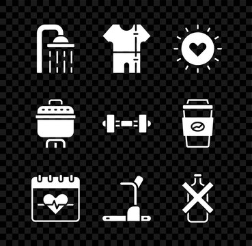 Set Shower head, Sport track suit, Sun, Heart rate, Treadmill machine, No alcohol, Cooking pot and Dumbbell icon. Vector