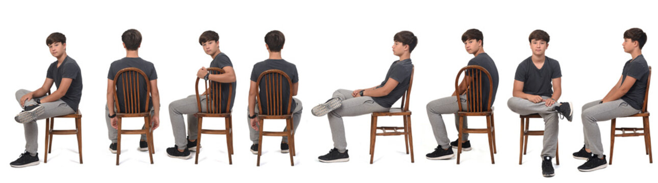 Various Poses Of Same Teen Sitting On Chair On White Bacground