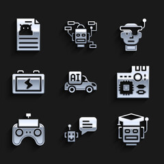Set Autonomous smart car, Bot, Robot, Motherboard digital chip, Remote control, Battery, Smart glasses and Technical specification icon. Vector