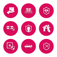 Set Life insurance with shield, Car, Plane, House flood, Safe, Money, and Delivery icon. Vector