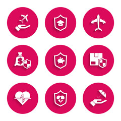 Set Piggy bank with shield, Life insurance, Umbrella hand, Delivery security, Money, Plane and icon. Vector