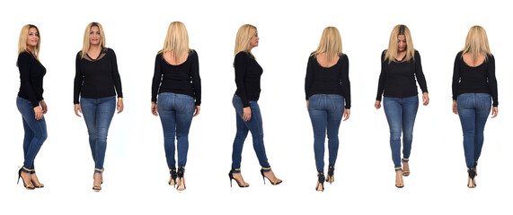 line of group of same woman walking on white background