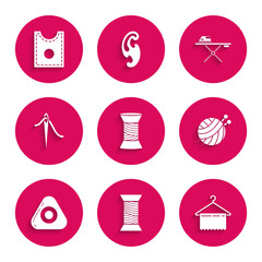 Set Sewing thread on spool, Hanger wardrobe, Yarn ball with knitting needles, chalk, Needle for sewing, Electric iron and ironing board and Pattern icon. Vector