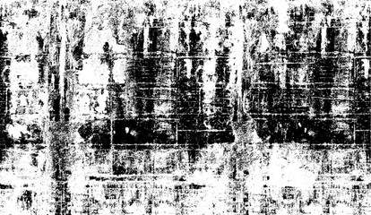 Monochrome texture composed of irregular graphic elements. Distressed uneven grunge background. Abstract vector illustration. Overlay for interesting effect and depth. Isolated on white background.