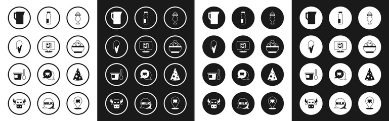 Set Milkshake, Cheese, Ice cream in waffle cone, jug or pitcher, Cottage cheese, Drinking yogurt bottle, and Yogurt container with spoon icon. Vector