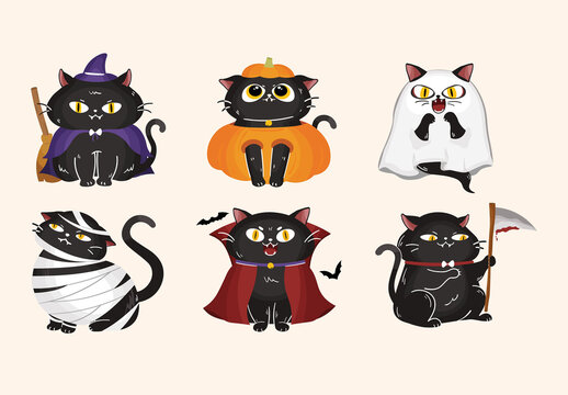Cute Cartoon Black Cats Halloween Character Illustrations