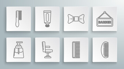 Set line Aftershave, Cream or lotion cosmetic tube, Barbershop chair, Hairbrush, Bow tie, and icon. Vector