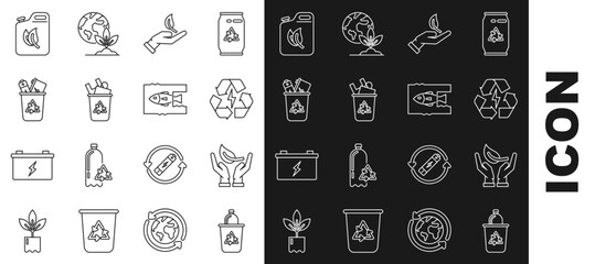 Set line Recycle bin with recycle symbol, Sprout hand of environmental protection, Battery, Bio fuel canister and Stop ocean plastic pollution icon. Vector