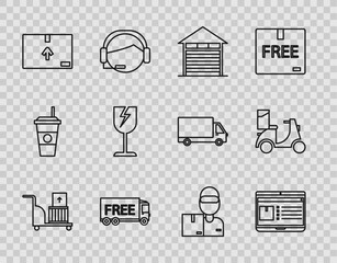 Set line Electric hand truck and boxes, Closed warehouse, Free service, Cardboard traffic symbol, Fragile broken glass, Delivery man cardboard and Scooter icon. Vector