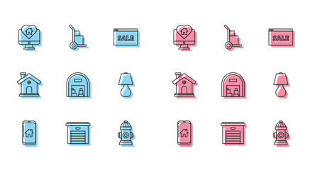 Set line Mobile phone with smart home, Garage, Monitor house in heart shape, Fire hydrant, Warehouse, Table lamp, House and Hand truck and boxes icon. Vector