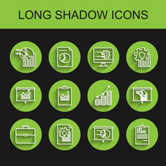 Set line Briefcase, Document with graph chart, Pie infographic, Board, Clipboard resume, and and coin icon. Vector