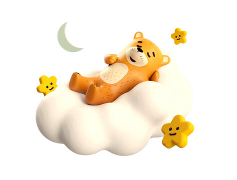 Bear is sleeping on a cloud. Sweet dreams. Realistic 3d cartoon style design 3d render illustration 