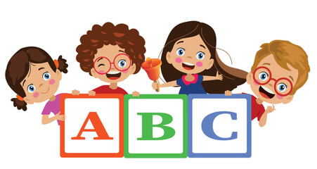 letter cubes and cute kids learning letters