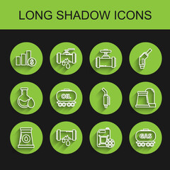 Set line Oil and gas industrial factory building, Broken metal pipe with leaking water, Pie chart infographic dollar, Antifreeze canister, Gas railway cistern, and Gasoline pump nozzle icon. Vector