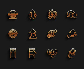 Set line Smartphone, mobile phone, Shopping basket, Telephone handset and speech bubble chat, Chain link, Growth chart progress people crowd, Money and Earth globe with dollar icon. Vector