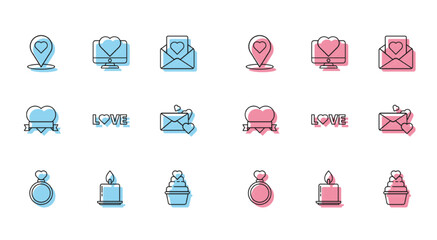 Set line Wedding rings, Burning candle, Map pointer with heart, Love text, Envelope, Heart ribbon and Computer monitor icon. Vector