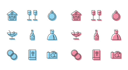 Set line Wedding rings, Holy bible book, Church building, Photo camera, Champagne bottle, Woman dress, Cocktail and Glass of champagne icon. Vector