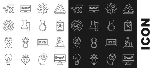 Set line Equation solution, Microscope, Radiation warning document, Virus, Test tube and flask, Bacteria, Square root of x glyph and icon. Vector