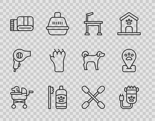 Set line Pet stroller, Hair clipper pet, grooming table, Dental hygiene for pets, Towel stack, Paw print, Cotton swab ears and Location icon. Vector