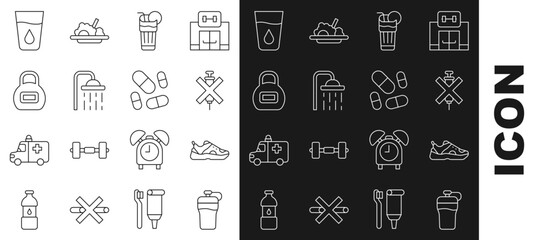 Set line Fitness shaker, Sport sneakers, No doping syringe, Fresh smoothie, Shower head, Kettlebell, Glass with water and Vitamin pill icon. Vector - obrazy, fototapety, plakaty