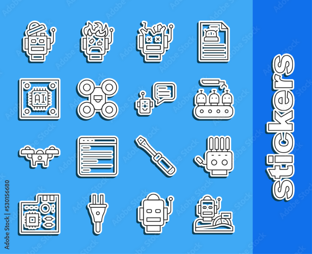 Poster set line robot humanoid driving a car, mechanical robot hand, industrial production of robots, broke