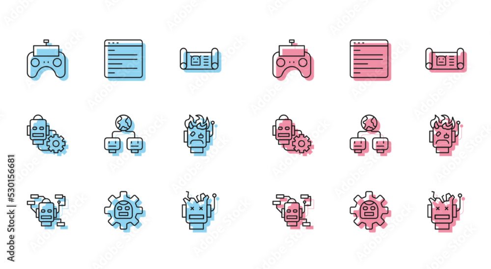 Poster set line robot, remote control, broken robot, artificial intelligence, burned out, setting and compu