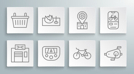 Set line Bicycle repair service, on street ramp, Gps device with map, pedals, rental mobile app and basket icon. Vector