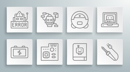 Set line Battery, Robot, Motherboard digital chip, User manual, Soldering iron, vacuum cleaner, Creating robot and Error icon. Vector