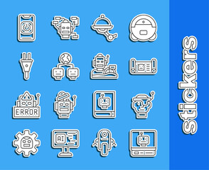 Set line Robot, Smart glasses, blueprint, Waiter robot, Artificial intelligence, Electric plug, Turn off from phone and humanoid driving car icon. Vector