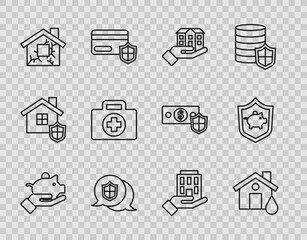 Set line Piggy bank in hand, House flood, Location shield, First aid kit, and with icon. Vector