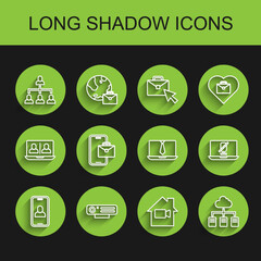 Set line Video chat conference, Web camera, Hierarchy organogram chart, Off in home, Online working, Freelancer, Mute microphone laptop and icon. Vector