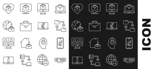 Set line Web camera, Mute microphone on mobile, Cloud storage document folder, Online working, Briefcase, Heart with text and laptop icon. Vector