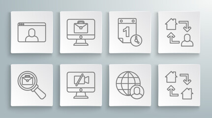 Set line Magnifying glass with briefcase, Online working, Video camera Off on computer, Freelancer, Time management, and chat conference icon. Vector