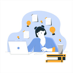 Young girl at the computer in blue clothes