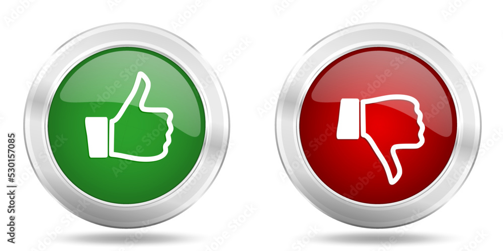 Poster Like and unlike concept web buttons, silver metallic thumb up and down vector icons isolated on white background