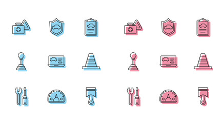 Set line Screwdriver and wrench spanner, Speedometer, First aid kit warning triangle, Engine piston, Diagnostics condition of car, Traffic cone, Gear shifter and Car with shield icon. Vector