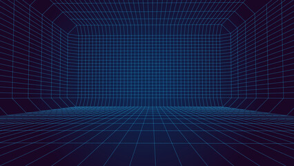 Perspective blue grid on a dark background. Futuristic vector illustration. Virtual reality framework. Background in the style of the 80s.