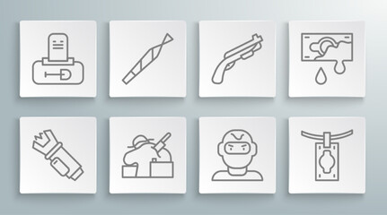 Set line Police electric shocker, Marijuana joint, Murder, Thief mask, Money laundering, shotgun, Bloody money and Grave with tombstone icon. Vector