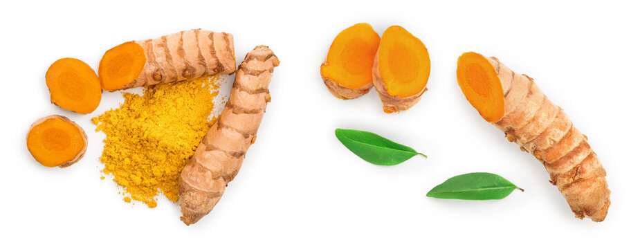 Turmeric powder and turmeric root isolated on white background. Top view. Flat lay